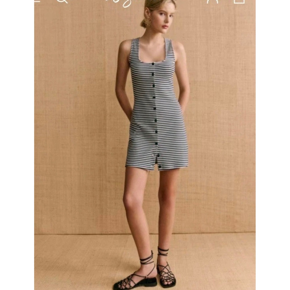 Sezane Fabiola‎ Short Dress Striped Sailor Navy White Button Front Mini L